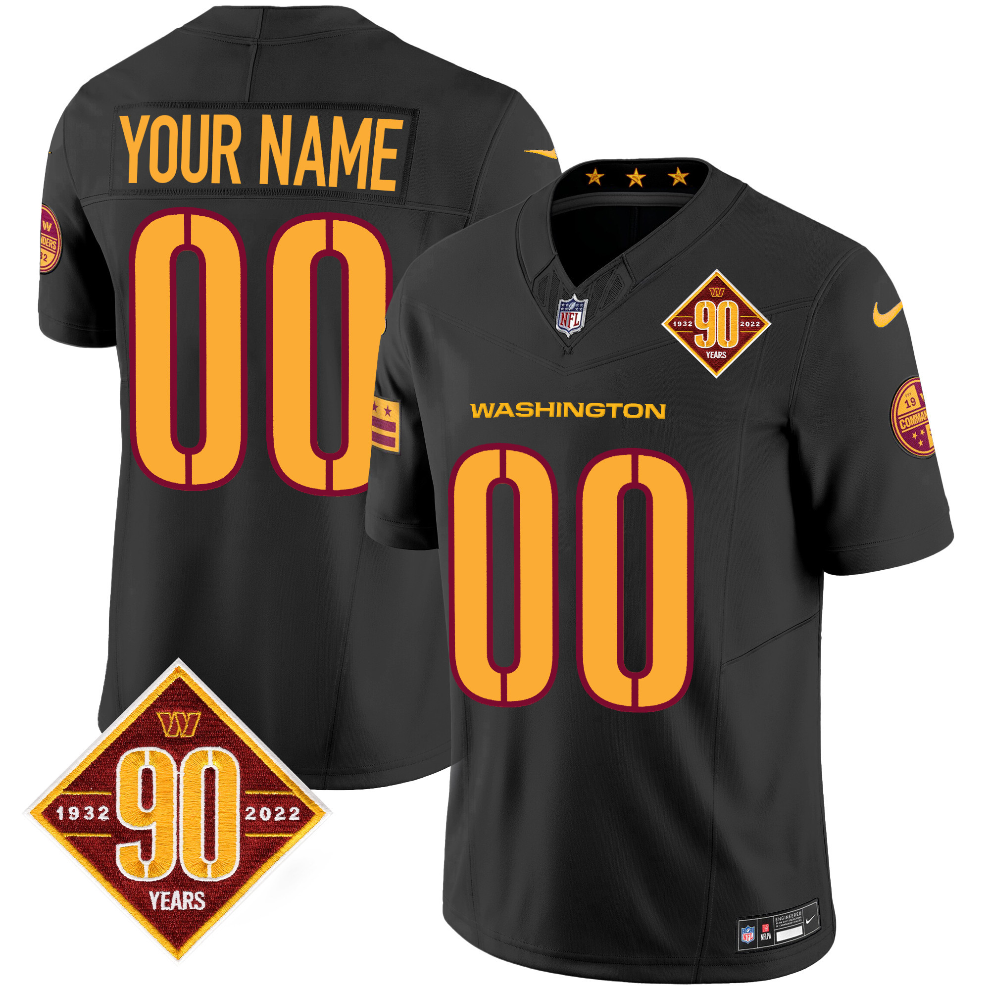 Washington Commanders 90th Anniversary Patch Vapor Custom Black Jersey - All Stitched 