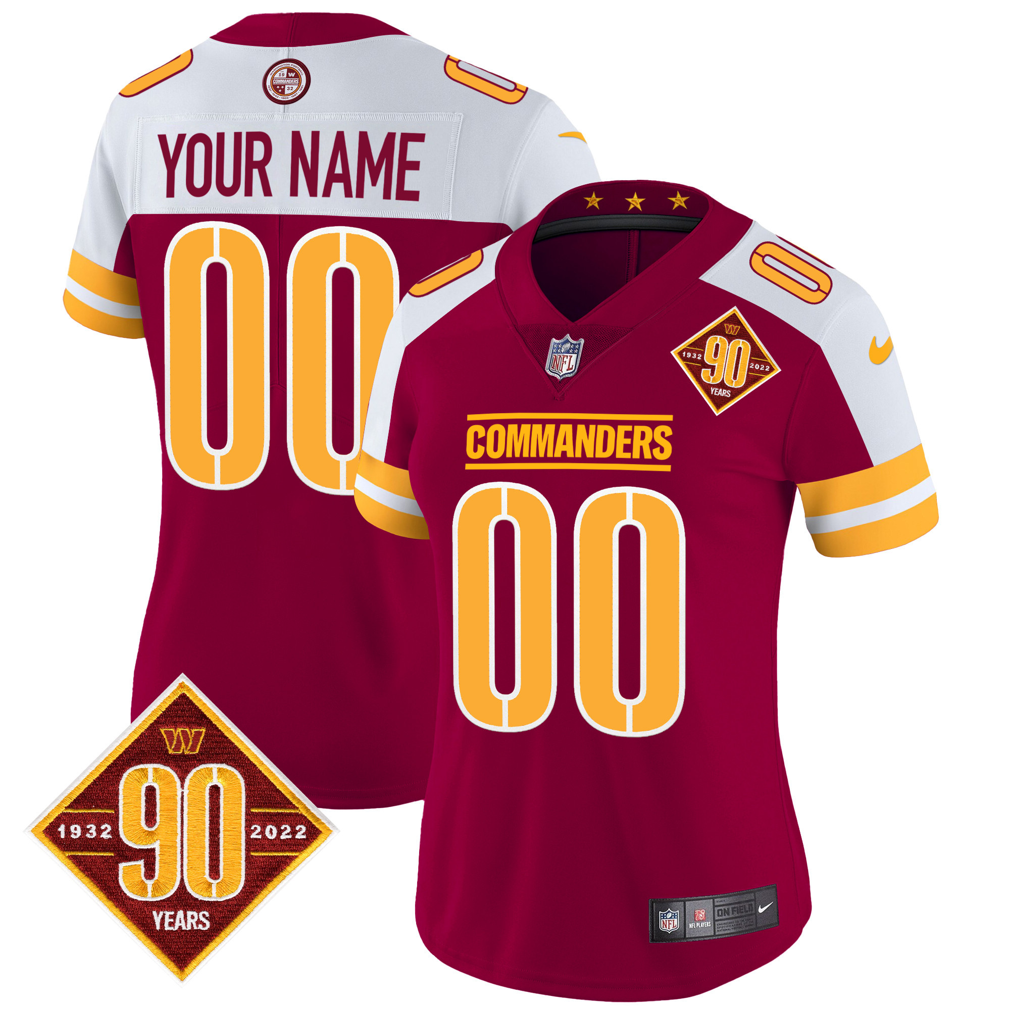 Washington Commanders 90th Anniversary Patch Vapor Custom Burgundy Alternate Jersey - All Stitched 