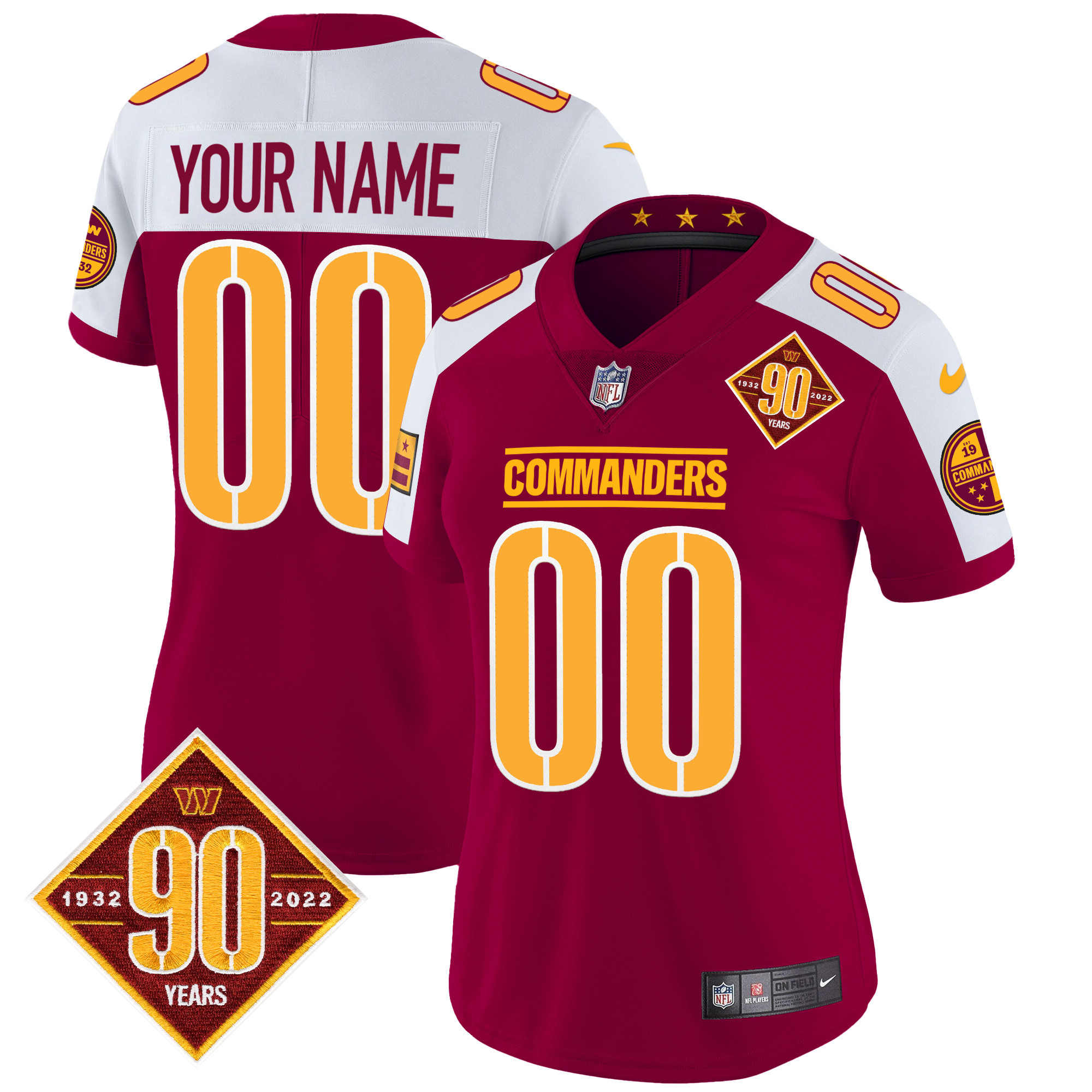 Washington Commanders 90th Anniversary Patch Vapor Custom Burgundy Alternate Jersey - All Stitched 