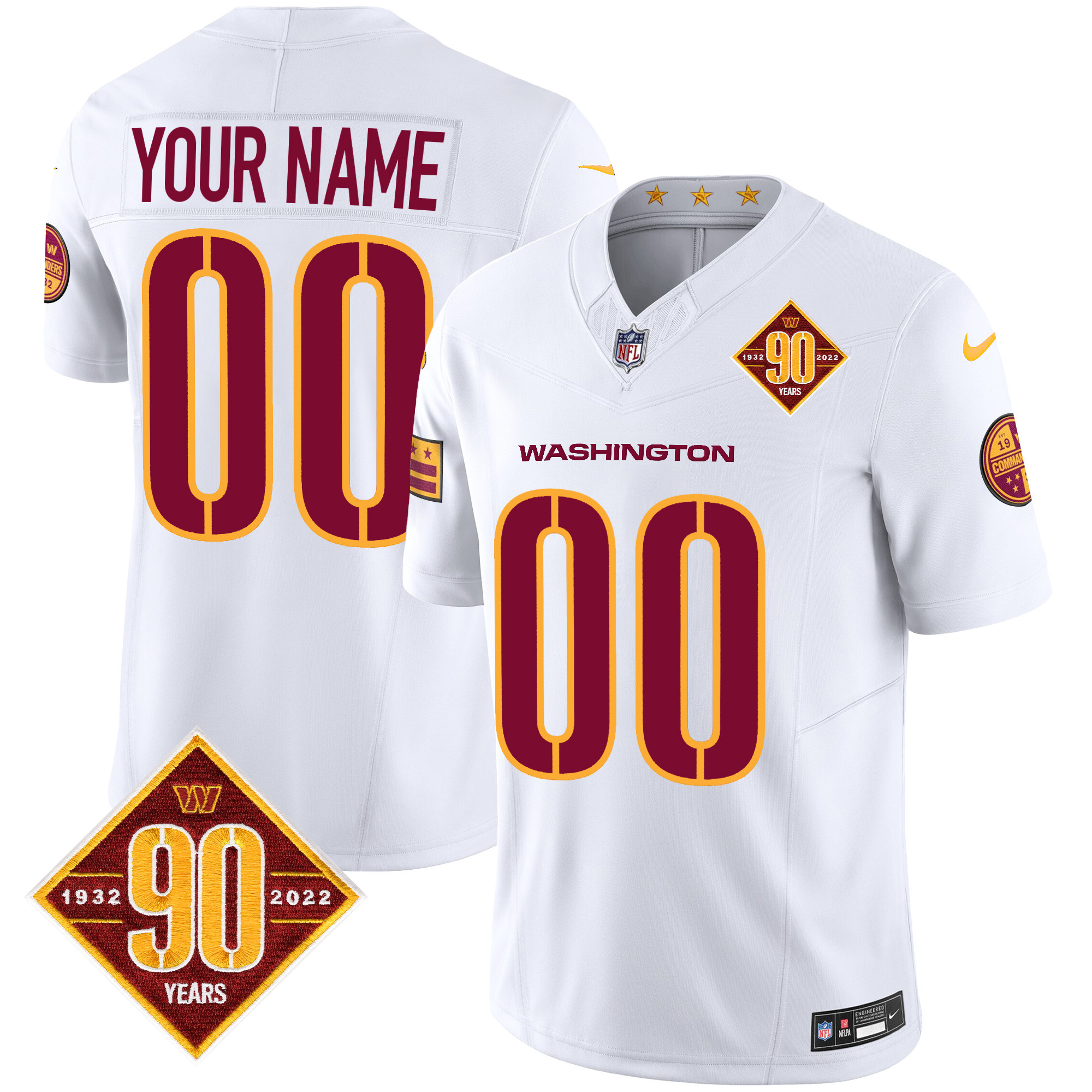 Washington Commanders 90th Anniversary Patch Vapor Custom White Jersey - All Stitched 