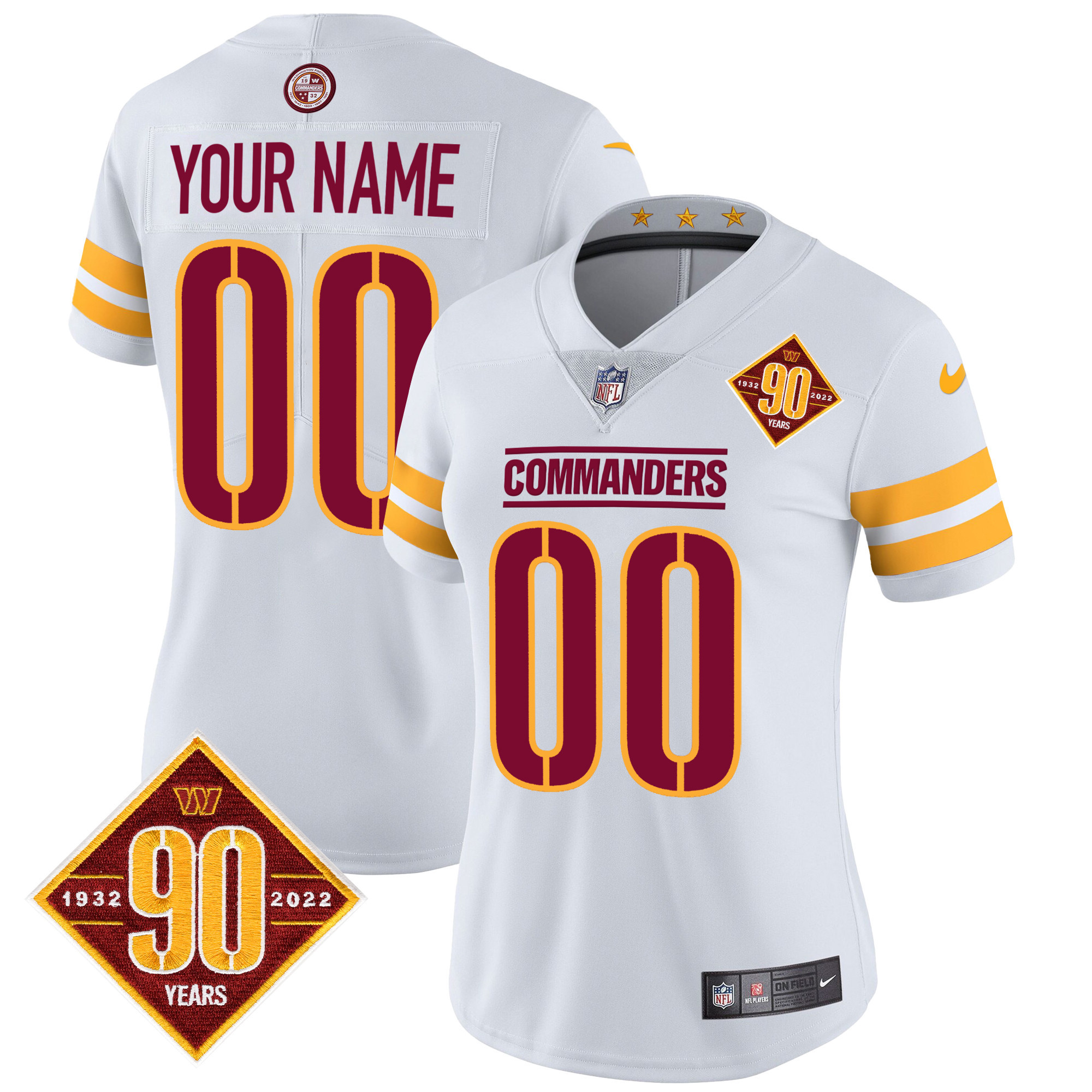 Washington Commanders 90th Anniversary Patch Vapor Custom White Jersey - All Stitched 