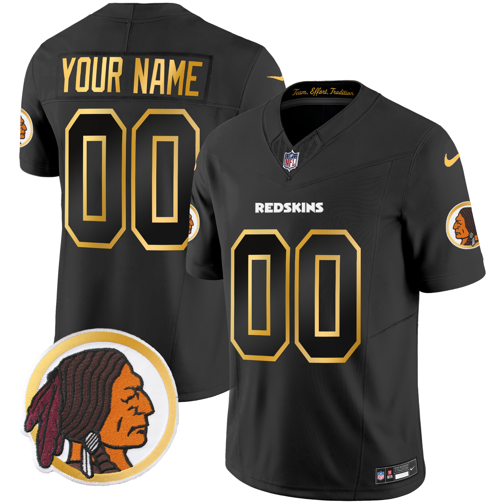 Washington Redskins Throwback Vapor Gold Trim Custom Black Jersey - All Stitched 