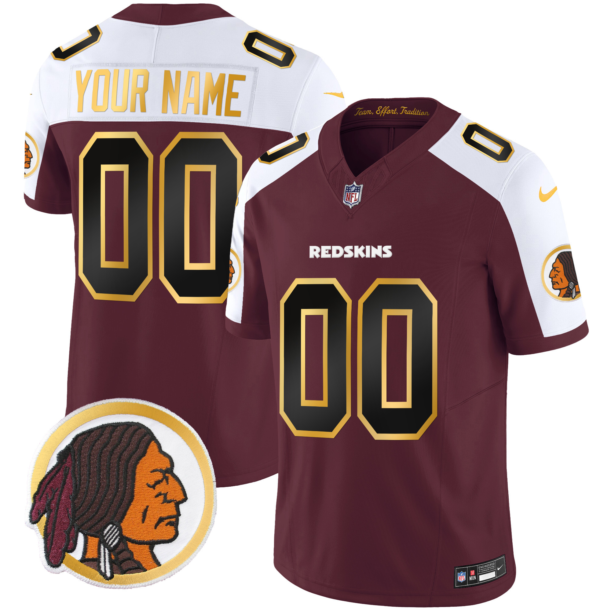 Washington Redskins Throwback Vapor Gold Trim Custom Burgundy Alternate Jersey - All Stitched 