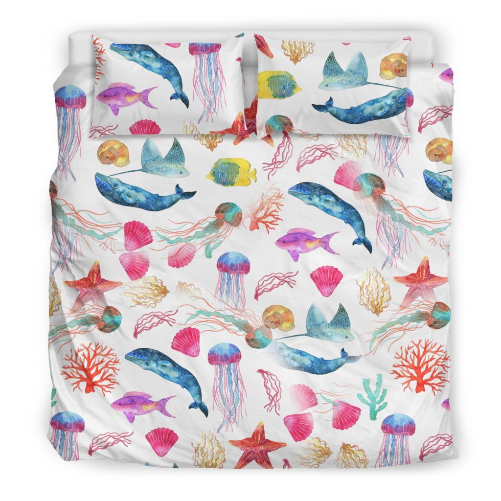 Watercolor Ocean With Whales And Fish3D Customized Duvet Cover Bedding Set