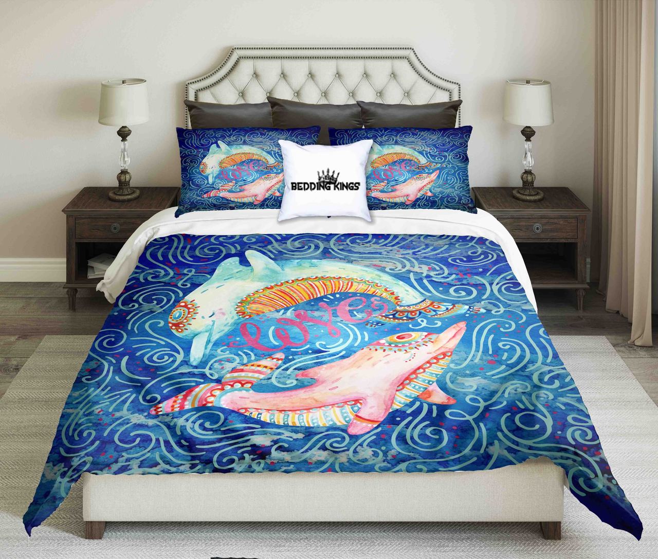 Watercolor Pair Of Lovely Dolphinsurrounded By Doodle Wave Design Kings 3D Customized Duvet Cover Bedding Set