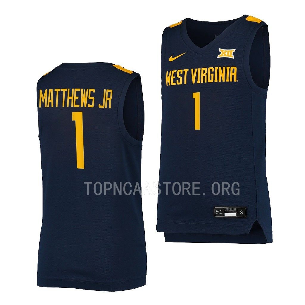West Virginia Mountaineers Emmitt Matthews Jr. College uniform Navy #1 Jersey 2022-23