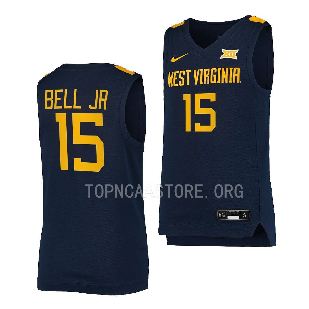 West Virginia Mountaineers Jimmy Bell Jr. College uniform Navy #15 Jersey 2022-23