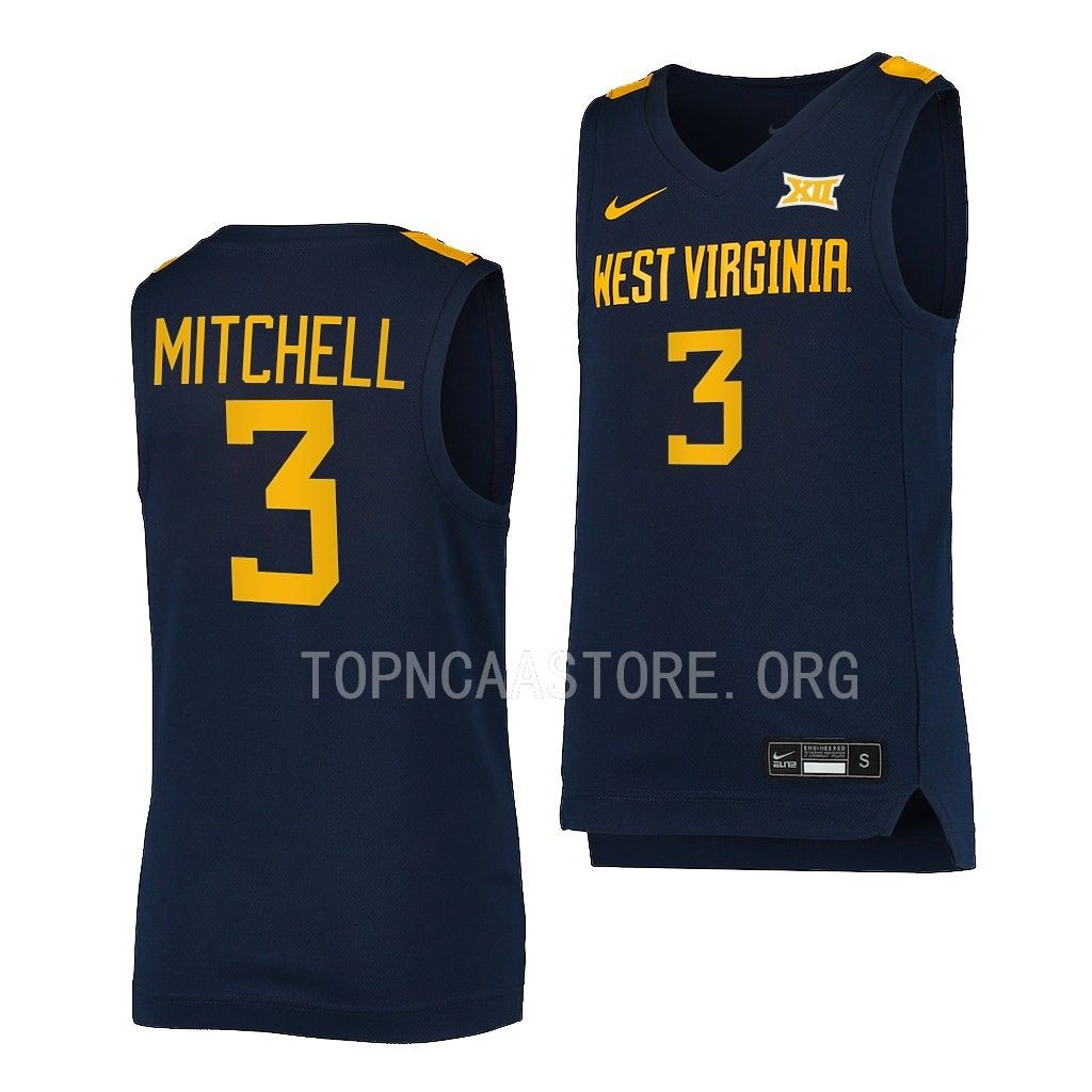 West Virginia Mountaineers Tre Mitchell College uniform Navy #3 Jersey 2022-23