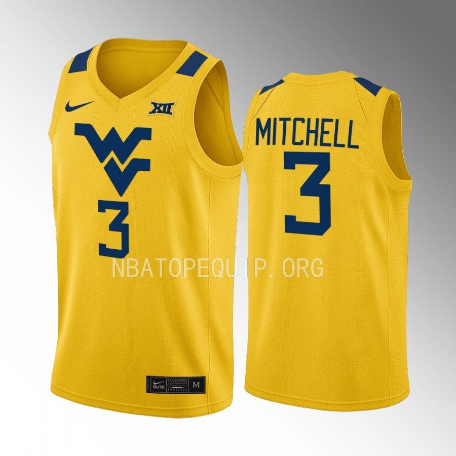 West Virginia Mountaineers Tre Mitchell Jersey 2022-23 Alternate Gold Uniform