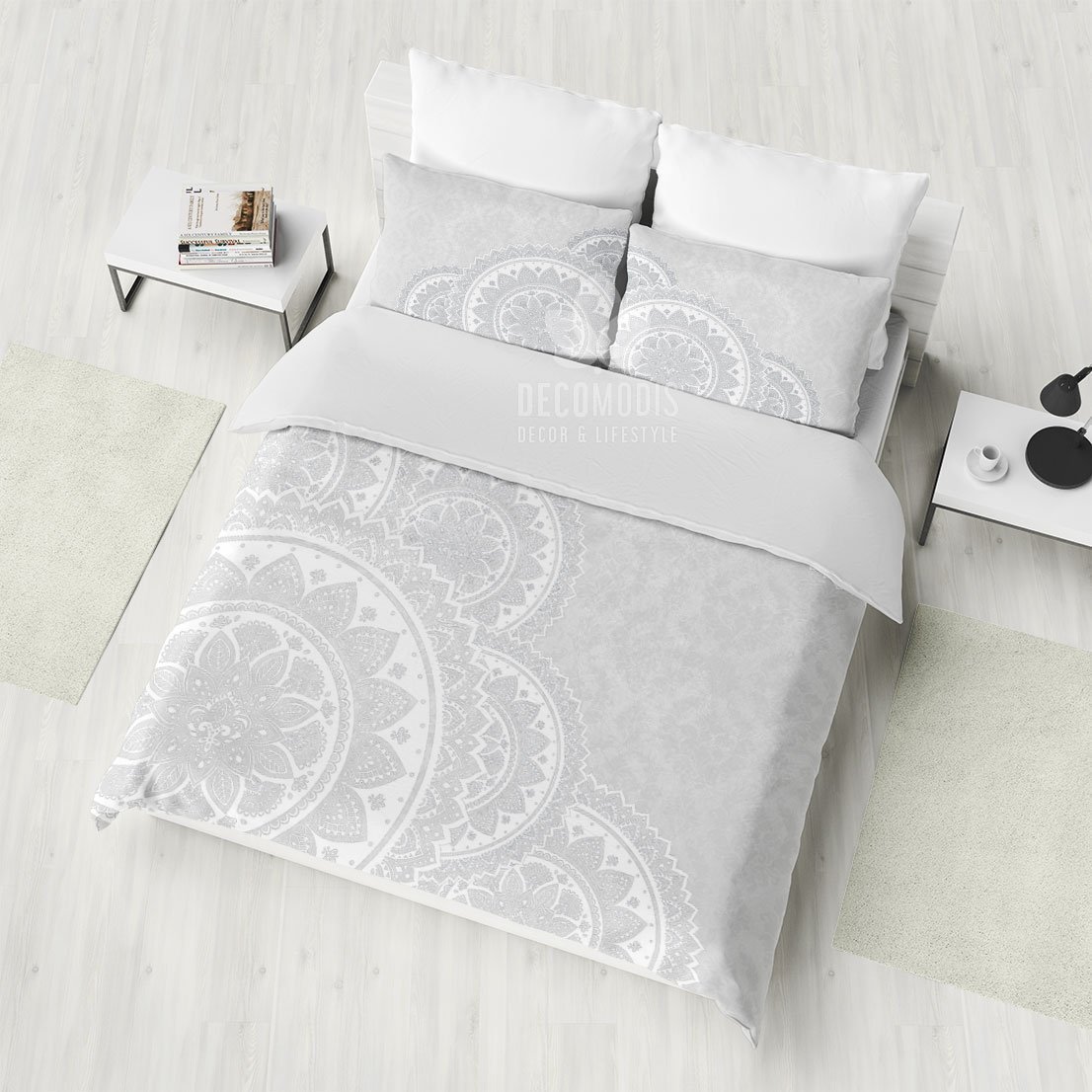 White Mandala , Bohemian , White Damask Decor, Boho Hindu Art Duvet Cover Bedding Set