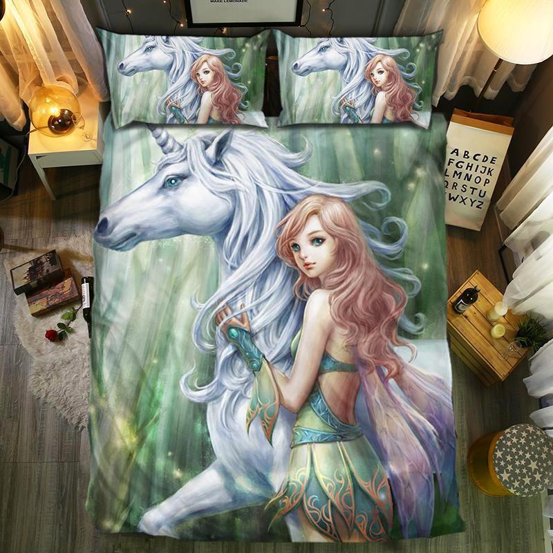 White Unicorn And Gril3D Customized Duvet Cover Bedding Set