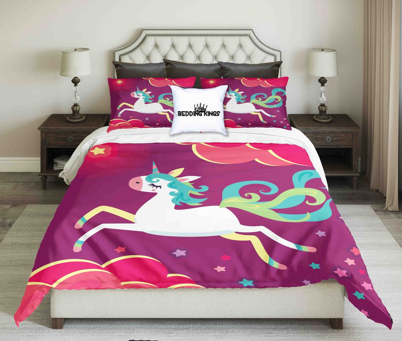 White Unicorn On Purple Background Design Kings 3D Customized Duvet Cover Bedding Set