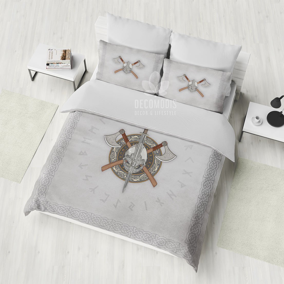 White Viking , Celtic Warrior , Medieval Style , Axe & Sword Duvet Cover Bedding Set