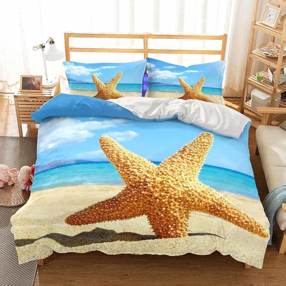 Wholesale -3D Natural Scenery Starfish Printed Duvet Cover Bedding Set
