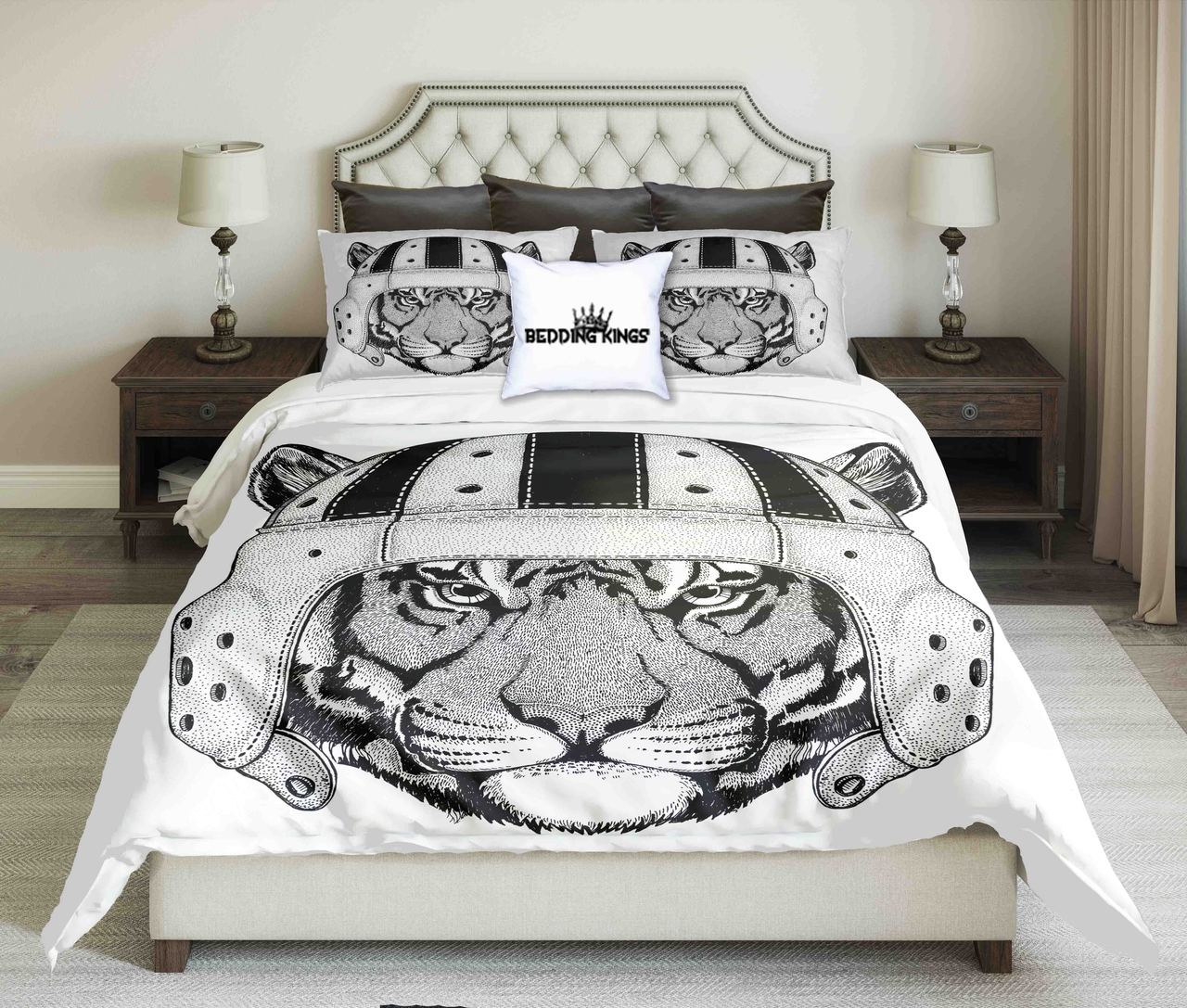 Wild Tiger Wearing Rugby Helmet Black White Design Kings 3D Customized Duvet Cover Bedding Set