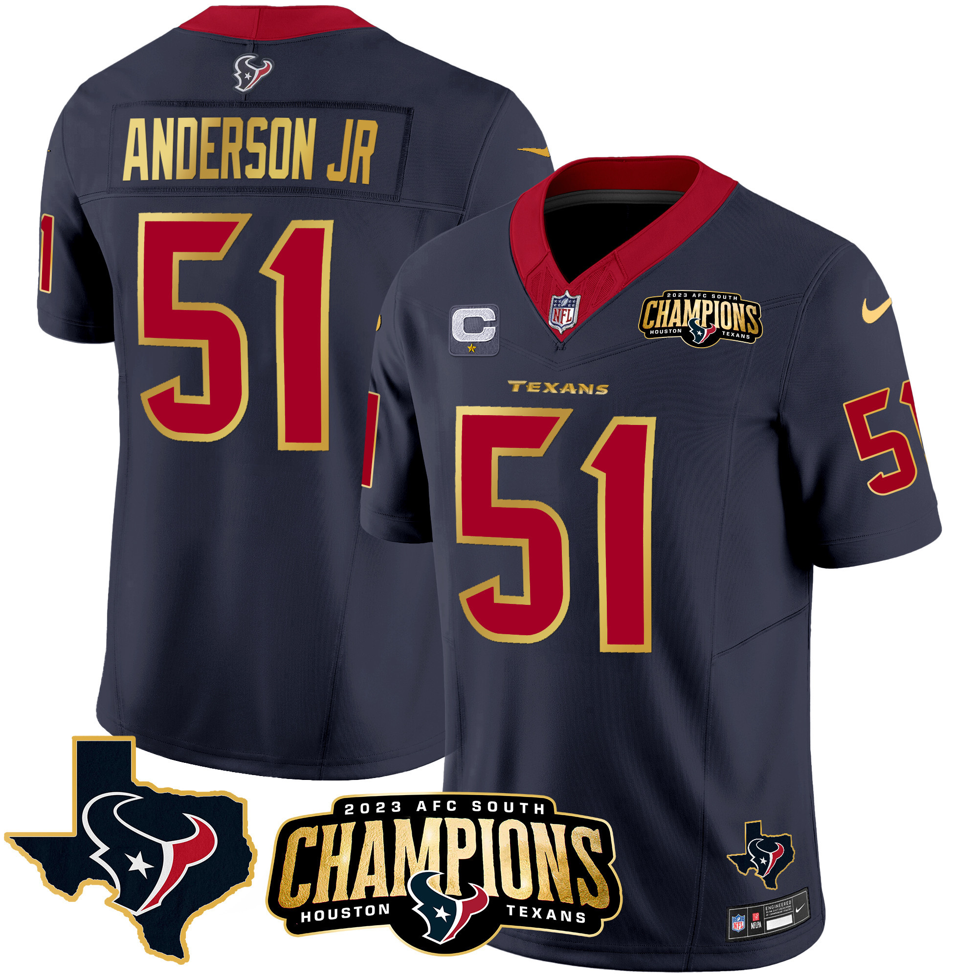 Will Anderson Jr. Men's Houston Texans 2023 AFC South Champions Patch Gold Trim Vapor Navy Jersey - All Stitched 