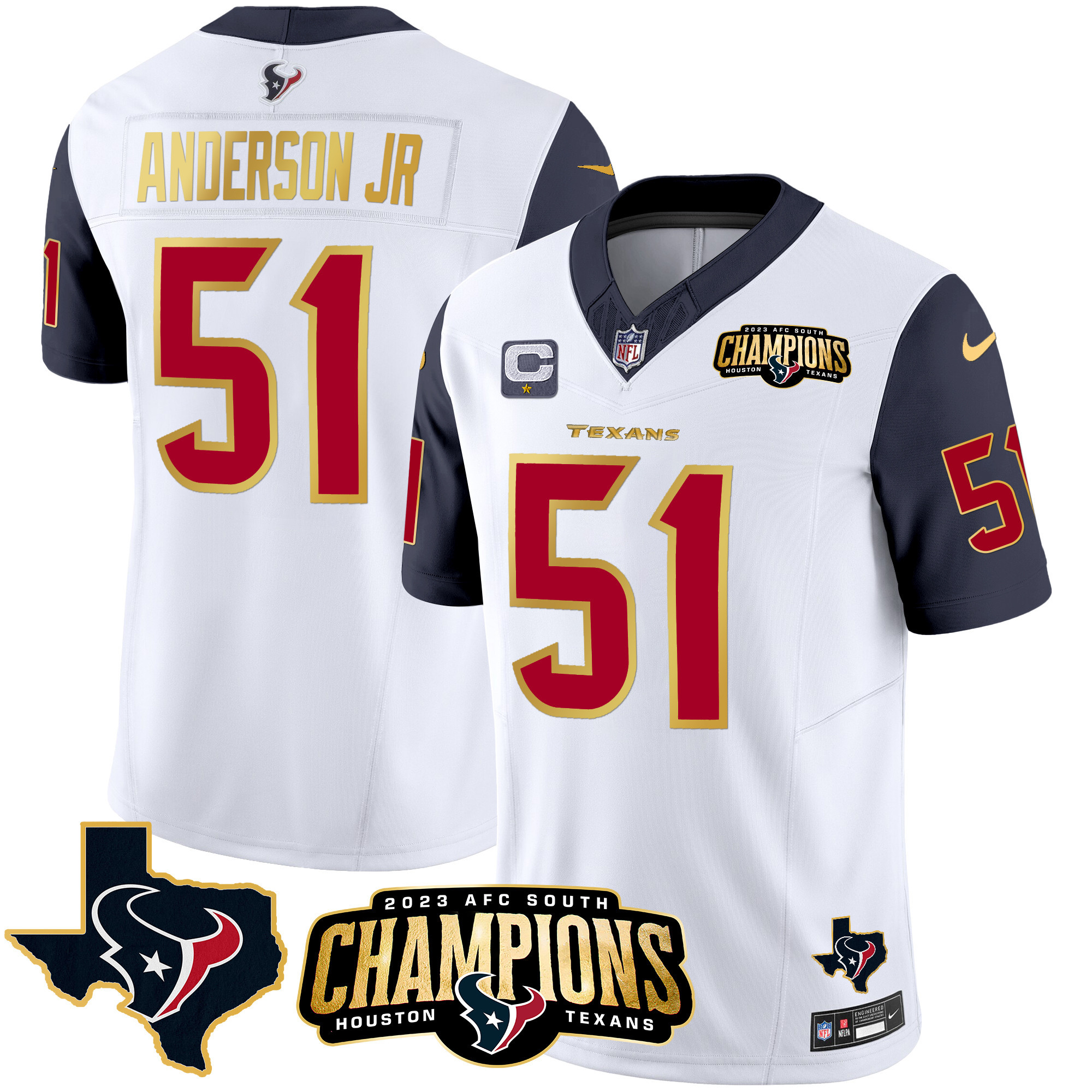 Will Anderson Jr. Men's Houston Texans 2023 AFC South Champions Patch Gold Trim Vapor Navy Sleeves Jersey - All Stitched 