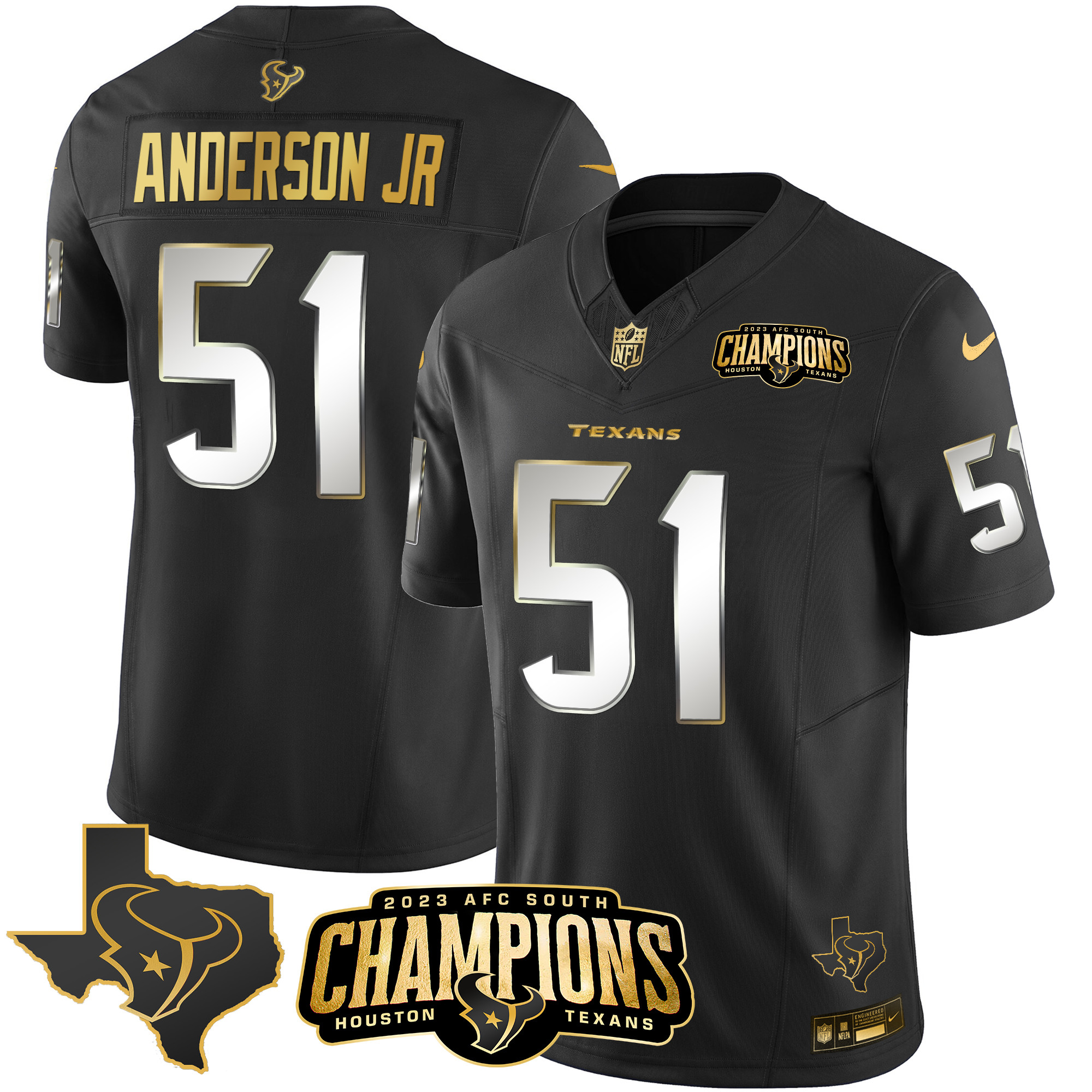 Will Anderson Jr. Men's Houston Texans 2023 AFC South Champions Patch Gold Vapor Black Limited Jersey - All Stitched 