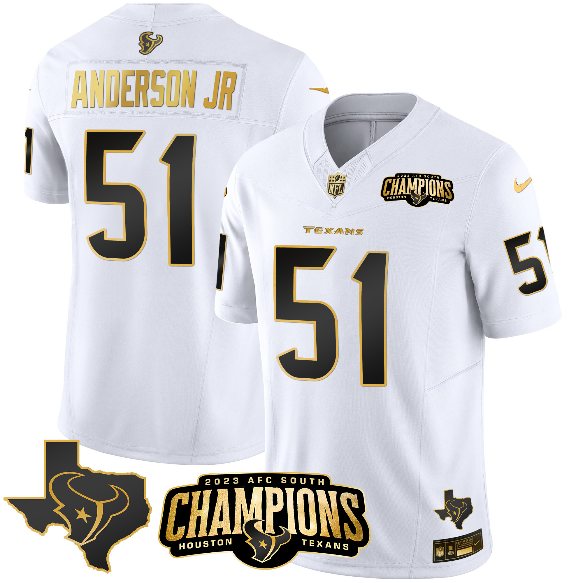 Will Anderson Jr. Men's Houston Texans 2023 AFC South Champions Patch Gold Vapor White Gold Jersey - All Stitched 