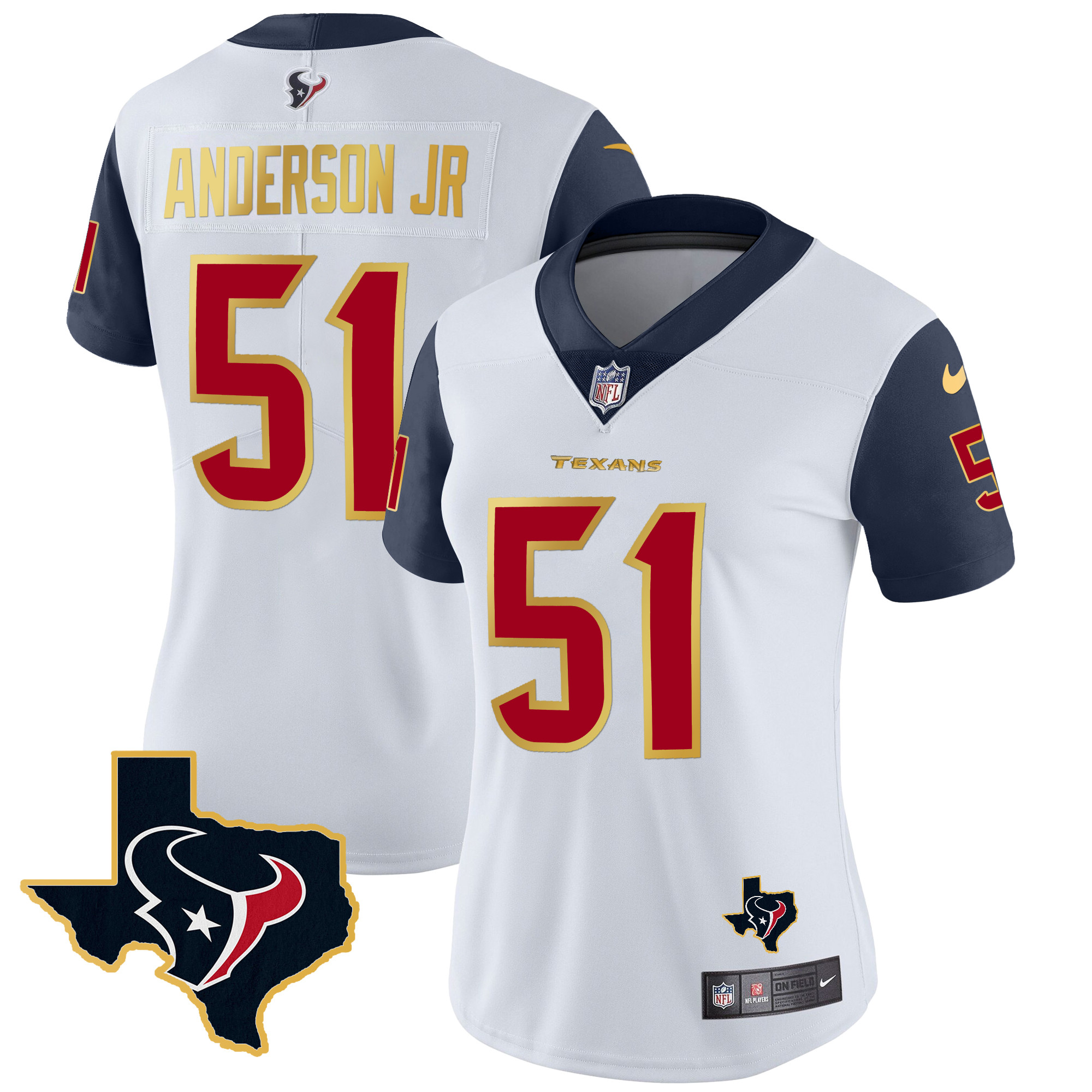 Will Anderson Jr. Women's Houston Texans Gold Trim Vapor Navy Sleeves Jersey - All Stitched 
