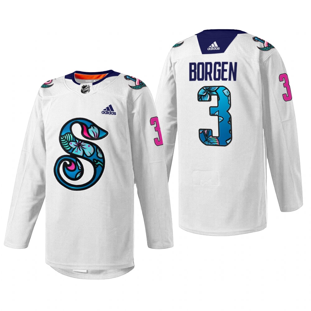 Will Borgen Seattle Kraken Pride Night Jersey White #3 Warmup