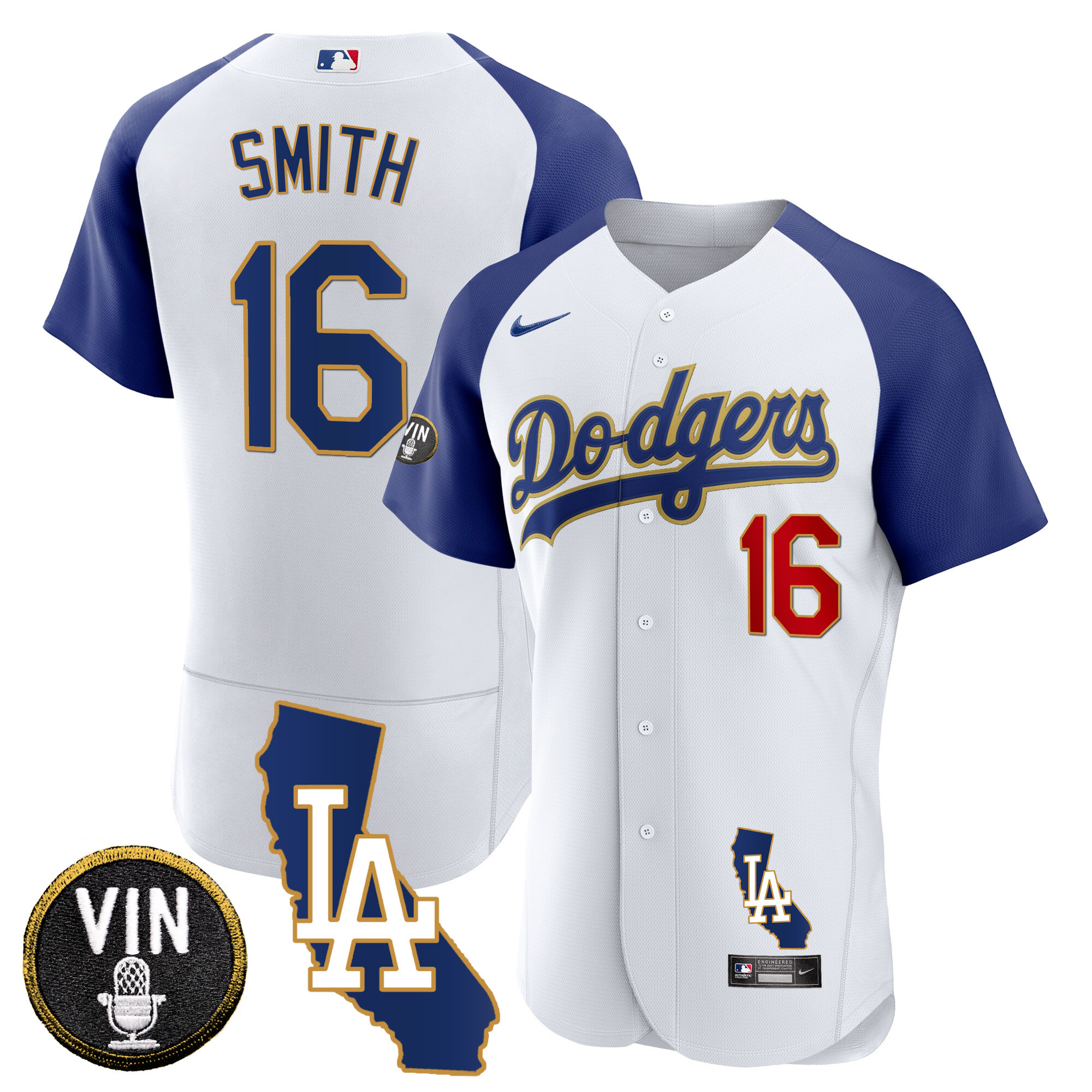 Will Smith Men's Los Angeles Dodgers California Patch Gold Trim Flex Base Alternate White Jersey - All Stitched