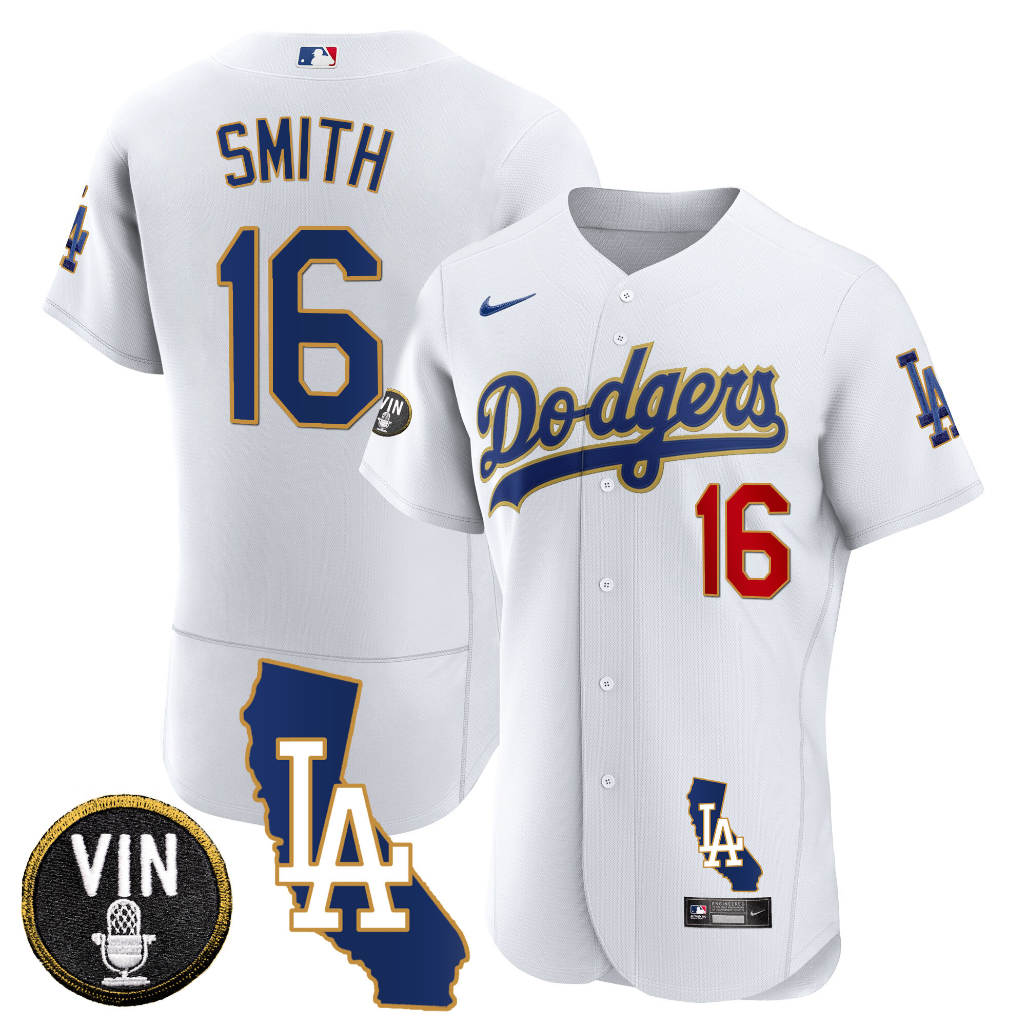 Will Smith Men's Los Angeles Dodgers California Patch Gold Trim Flex Base White Jersey - All Stitched