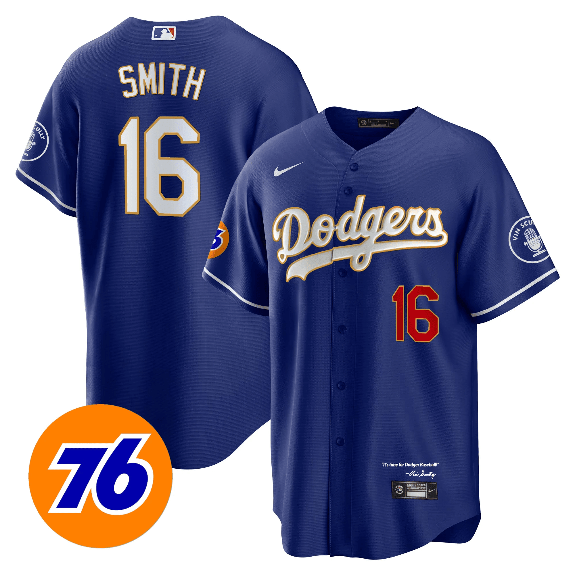 Will Smith Men's Los Angeles Dodgers Vin Scully 76 Patch Gold Trim Player Cool Royal Jersey - All Stitched