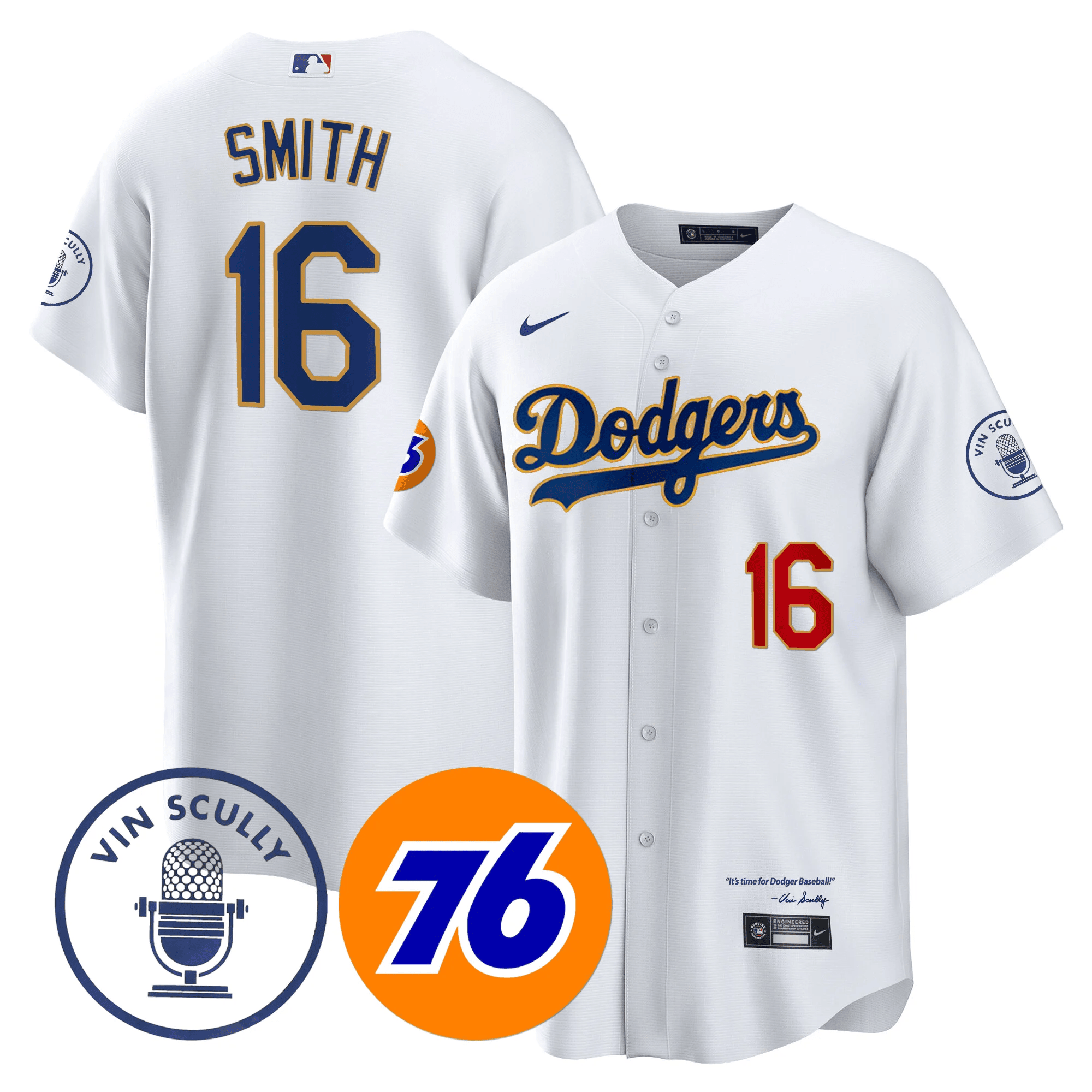 Will Smith Men's Los Angeles Dodgers Vin Scully 76 Patch Gold Trim Player Cool White Jersey - All Stitched