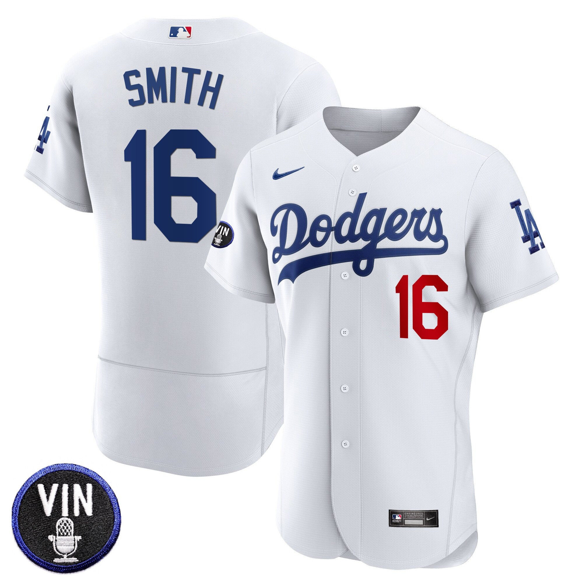 Will Smith Men's Los Angeles Dodgers Vin Scully Patch Flex Base White Jersey - All Stitched
