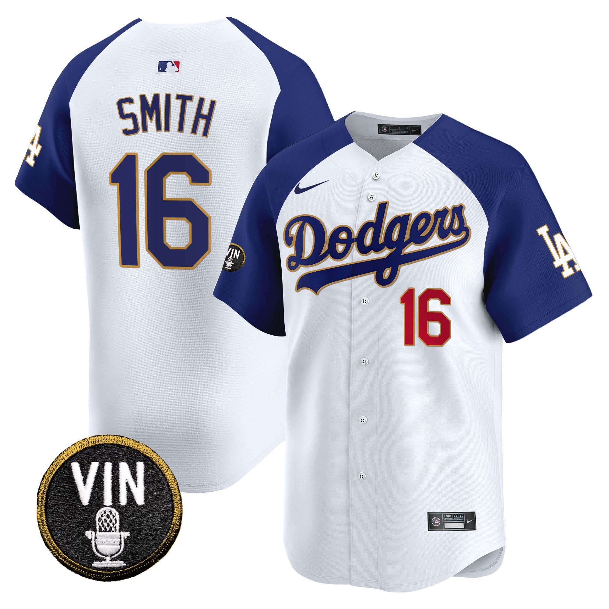 Will Smith Men's Los Angeles Dodgers Vin Scully Patch Gold Trim Vapor Premier Limited Alternate White Jersey - All Stitched