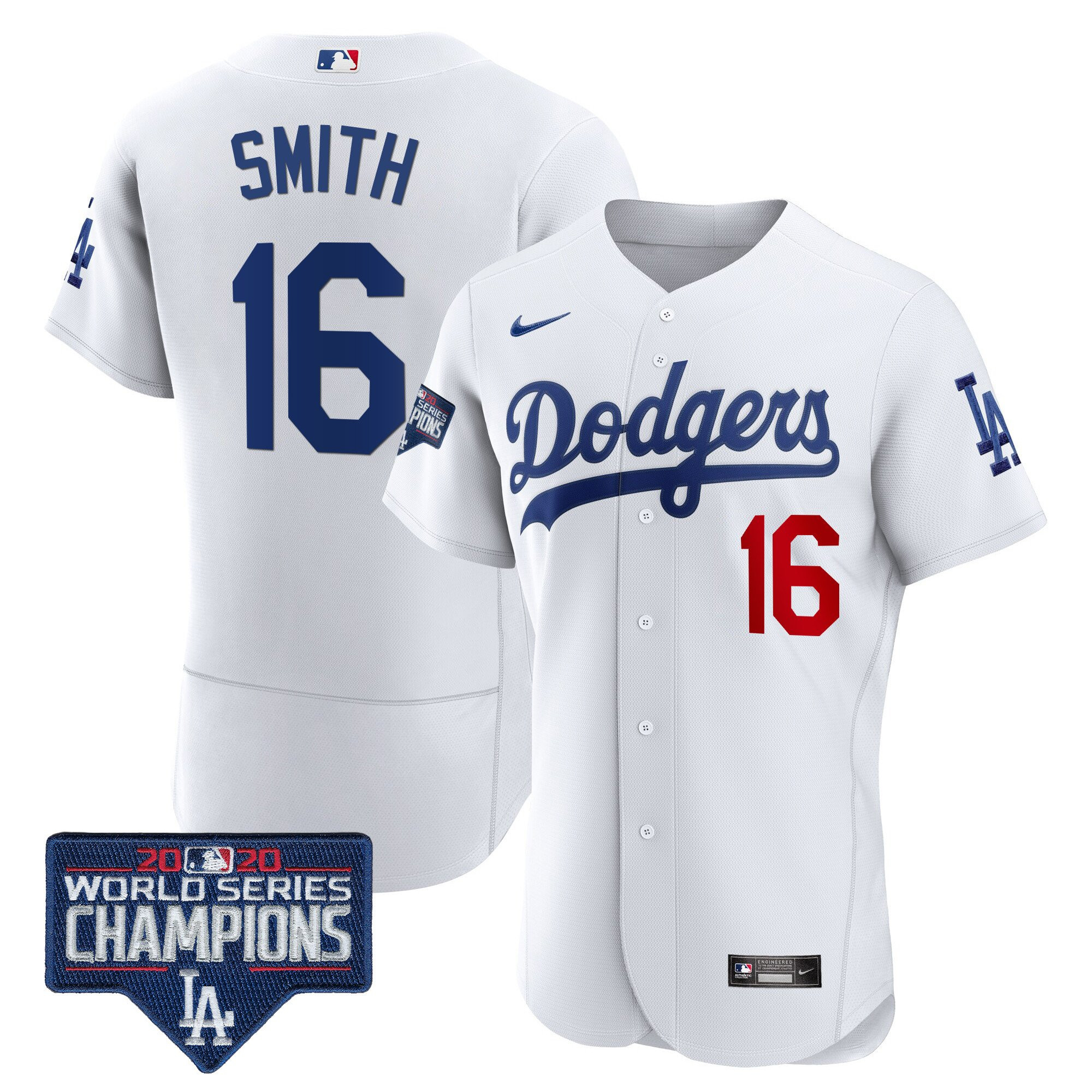 Will Smith Men's Los Angeles Dodgers World Series Champions Patch Flex Base White Jersey - All Stitched