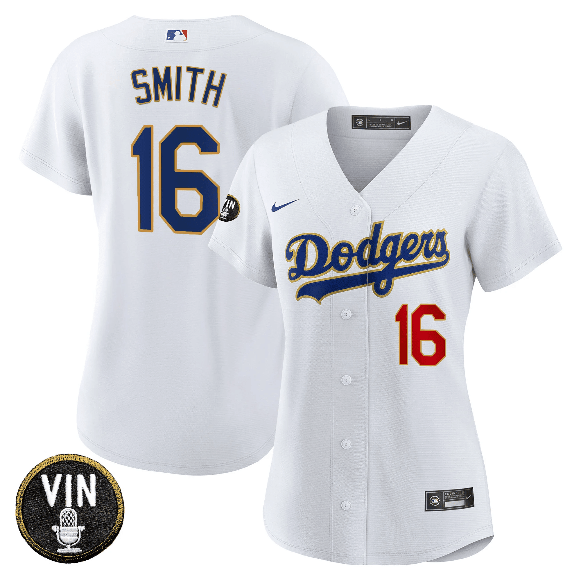Will Smith Women's Los Angeles Dodgers Vin Scully Patch Gold Trim White Jersey - All Stitched