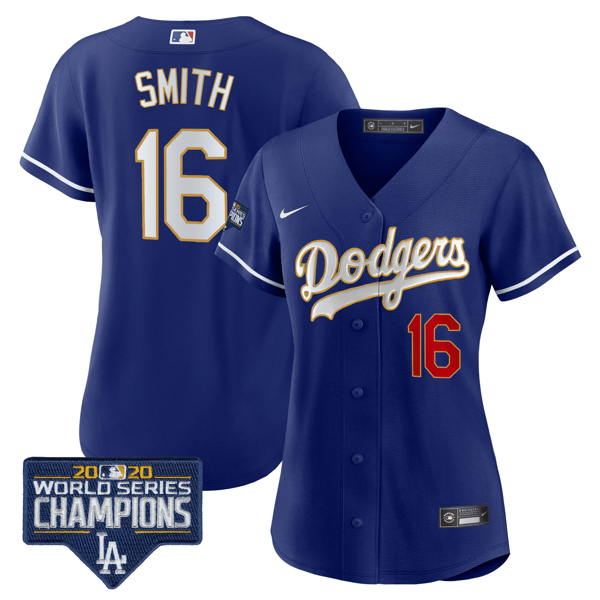 Will Smith Women's Los Angeles Dodgers World Series Champions Patch Gold Trim Royal Jersey - All Stitched