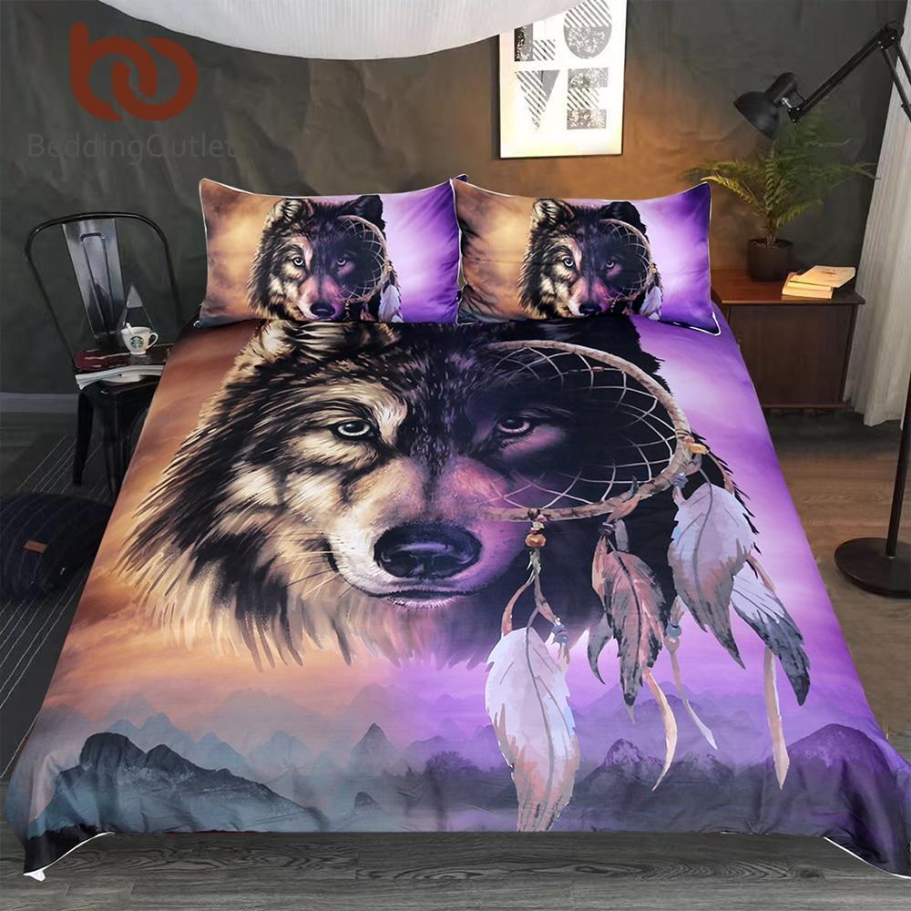 Wolf With Dreamcatcher 3D Mountainscenery Purple Brown 3D Customized Duvet Cover Bedding Set