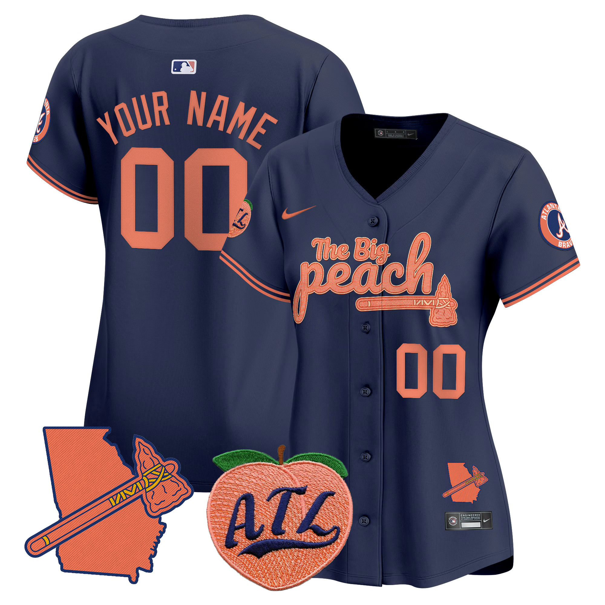 Women Atlanta Braves The Big Peach Vapor Premier Limited Custom Navy Jersey V2 - All Stitched