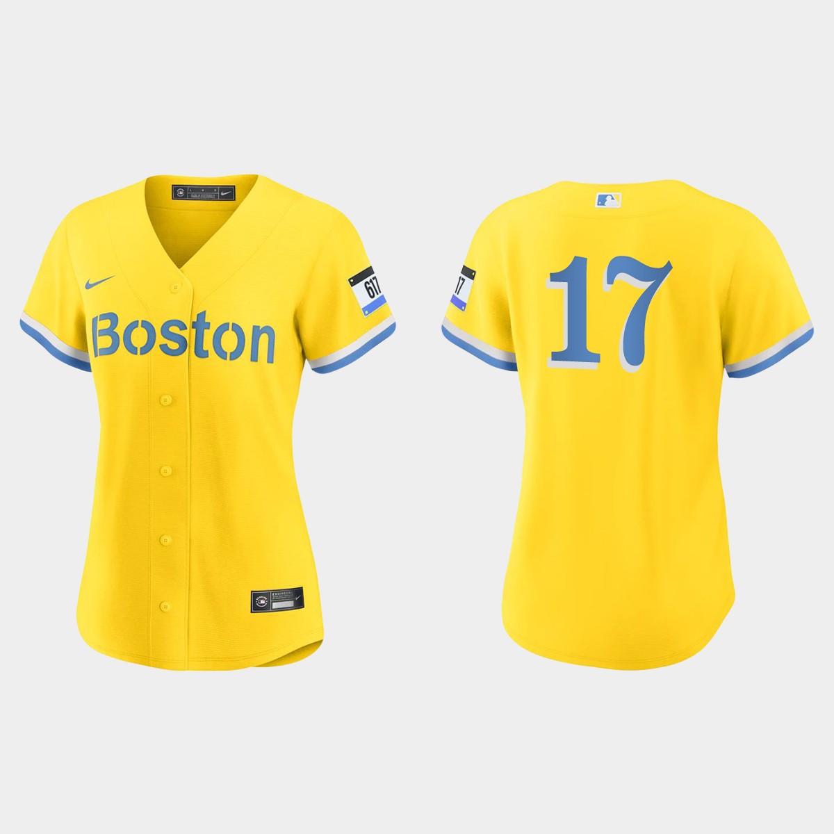 Women Boston Red Sox Bret Saberhagen Gold Light Blue 2021 City Connect Jersey