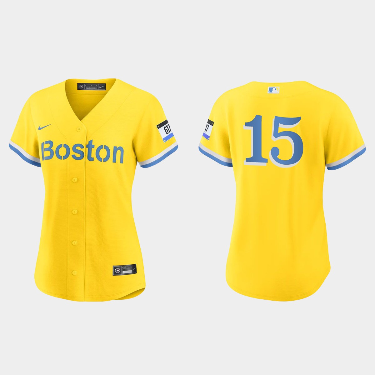 Women Boston Red Sox Dustin Pedroia Gold Light Blue 2021 City Connect Jersey
