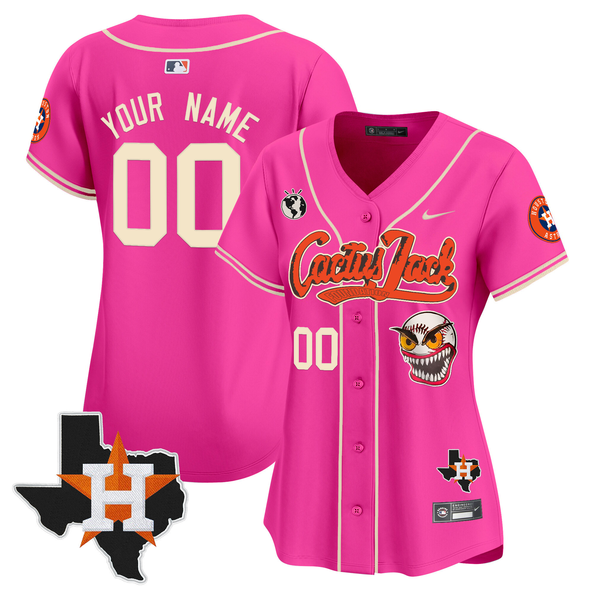 Women Houston Astros Cactus Jack Patch Vapor Premier Limited Custom Pink Jersey V12 - Stitched