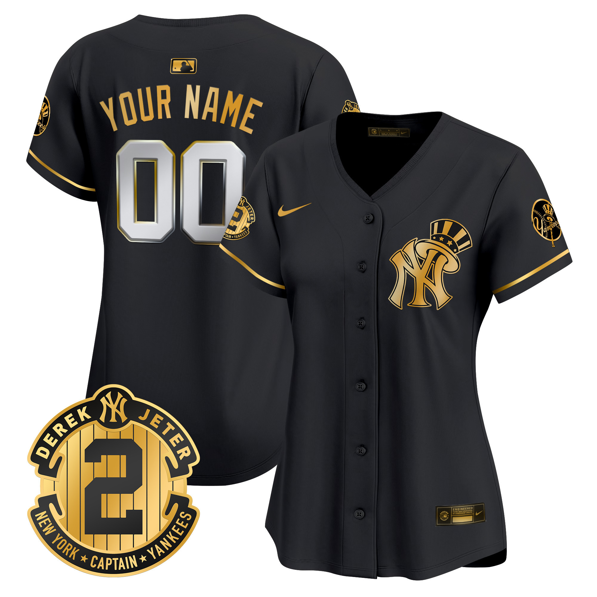 Women New York Yankees Derek Jeter Patch Vapor Premier Limited Custom Black Gold Jersey V2 - All Stitched