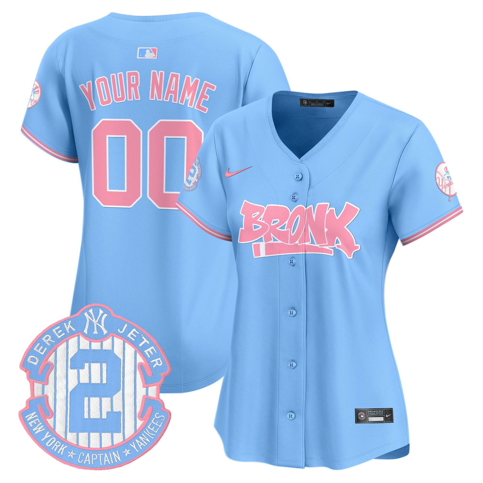 Women New York Yankees The Bronx Graffiti Bubblegum Pink Vapor Premier Limited Custom Light Blue Jersey - All Stitched