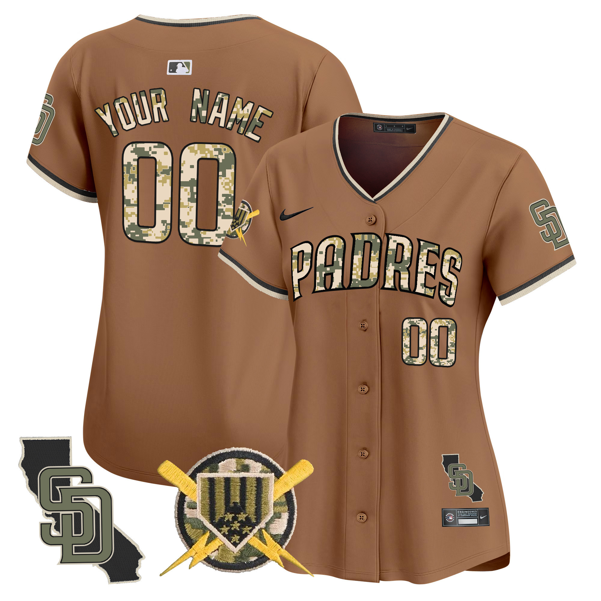Women San Diego Padres Armed Forces Day Vapor Premier Limited Custom Brown Jersey - All Stitched