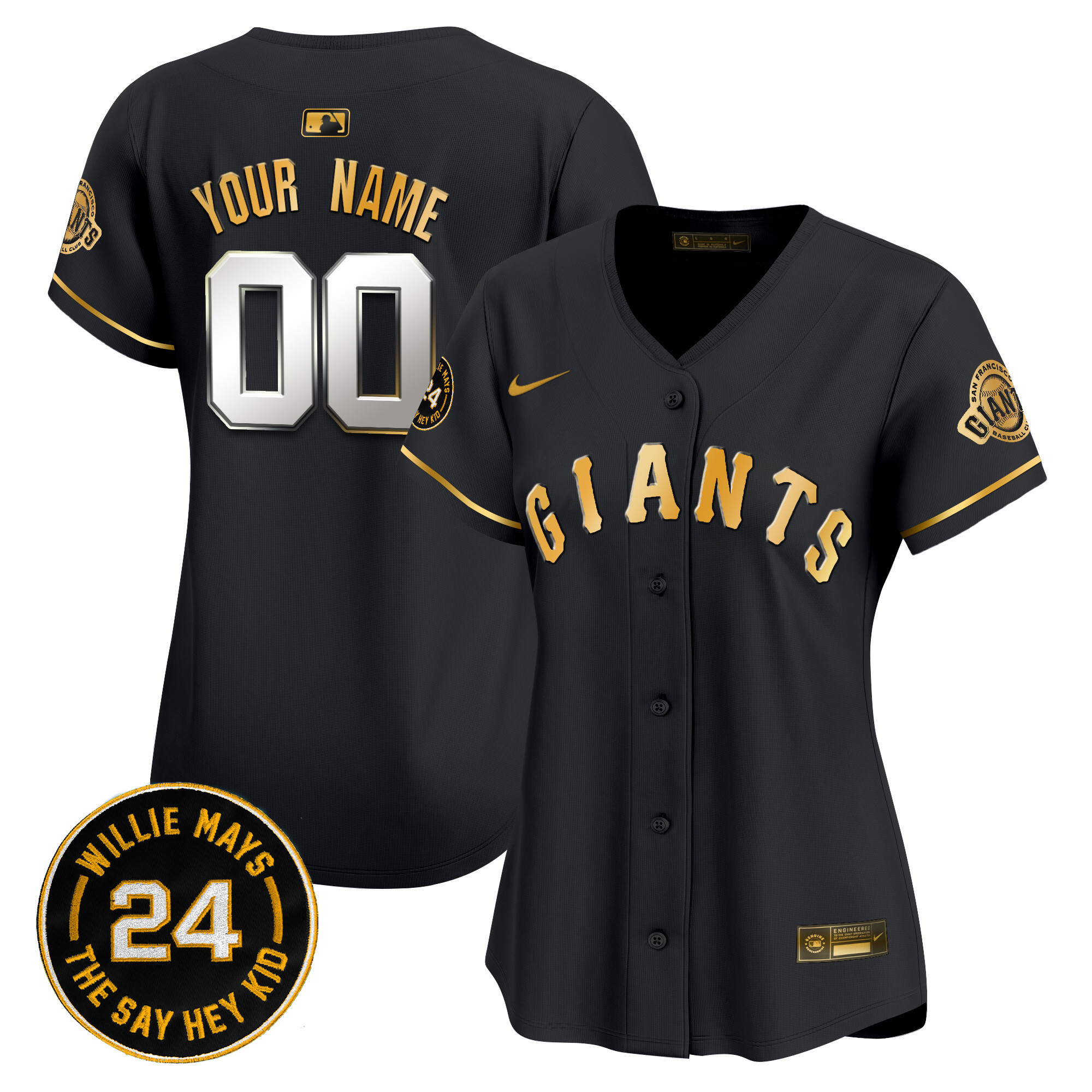 Women San Francisco Giants 2024 Willie Mays Patch Vapor Premier Limited Custom Black Gold Jersey - All Stitched