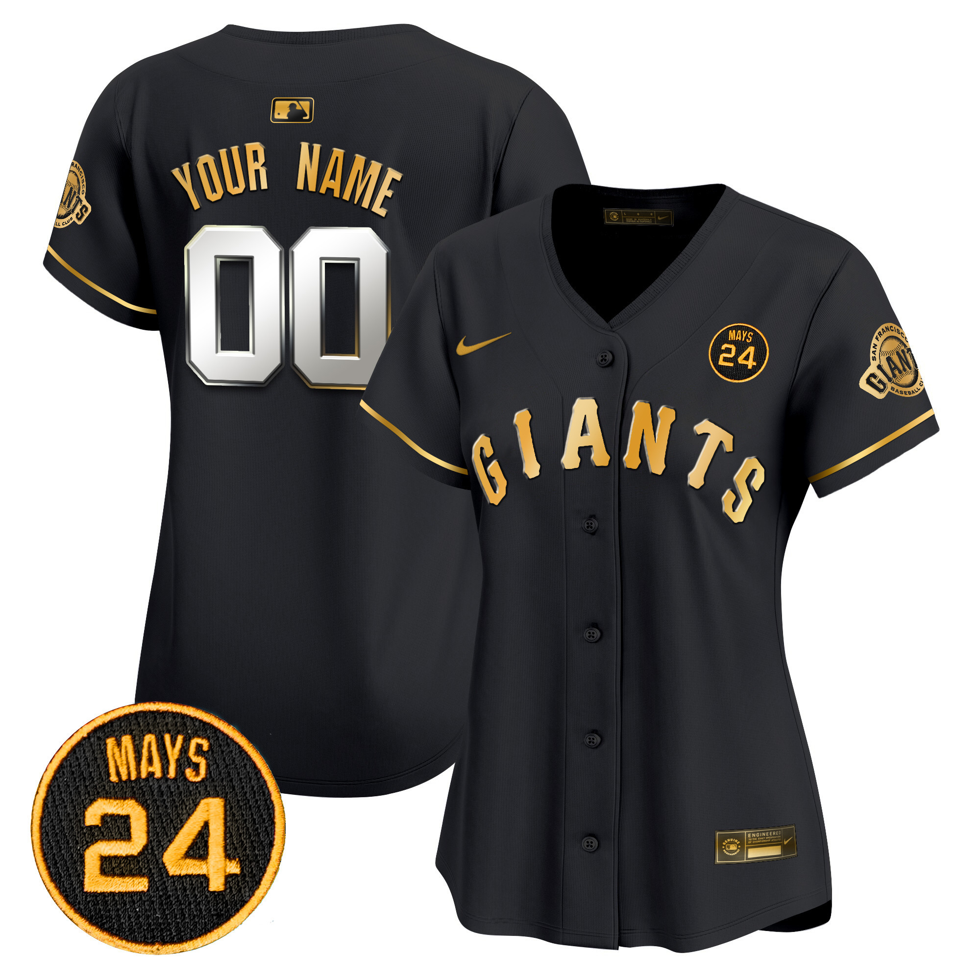 Women San Francisco Giants 2024 Willie Mays Patch Vapor Premier Limited Custom Black Gold Jersey V3 - All Stitched