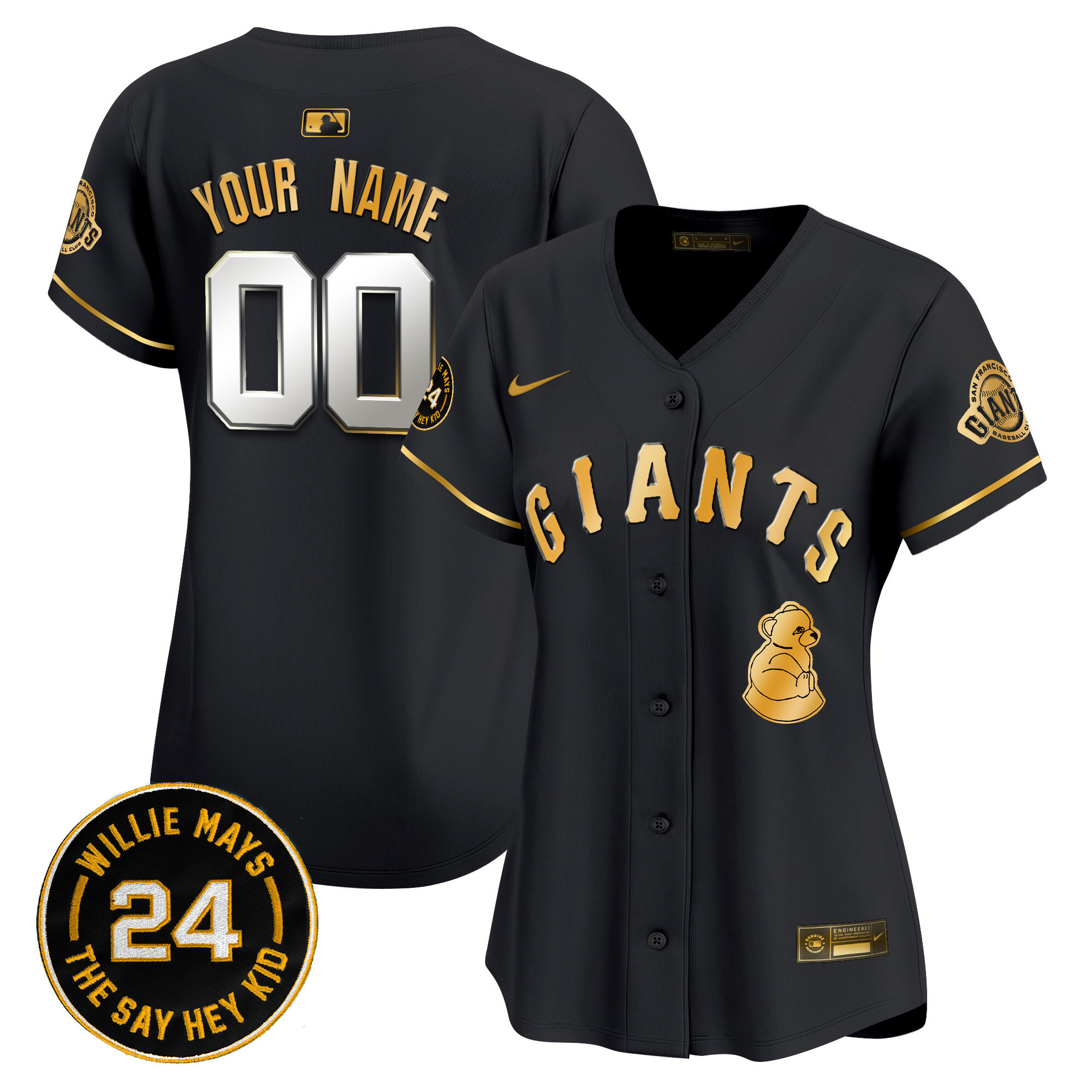 Women San Francisco Giants 2024 Willie Mays Patch Vapor Premier Limited Custom Black Gold Jersey V4 - All Stitched