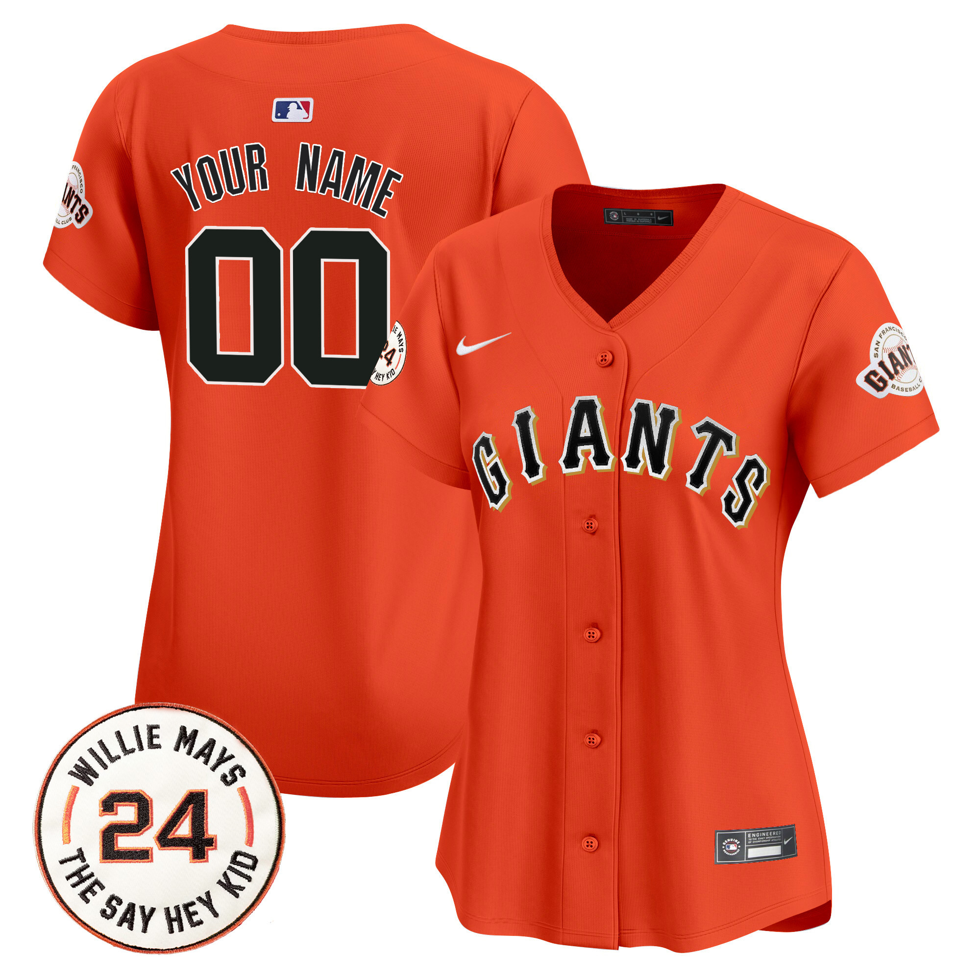 Women San Francisco Giants 2024 Willie Mays Patch Vapor Premier Limited Custom Orange Jersey - All Stitched