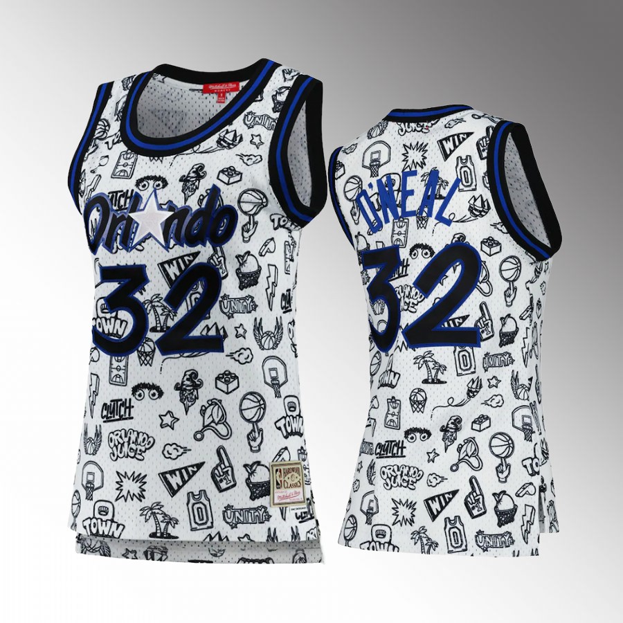 Women Shaquille O'Neal Orlando Magic Doodle White Jersey 1994 Hardwood Classics