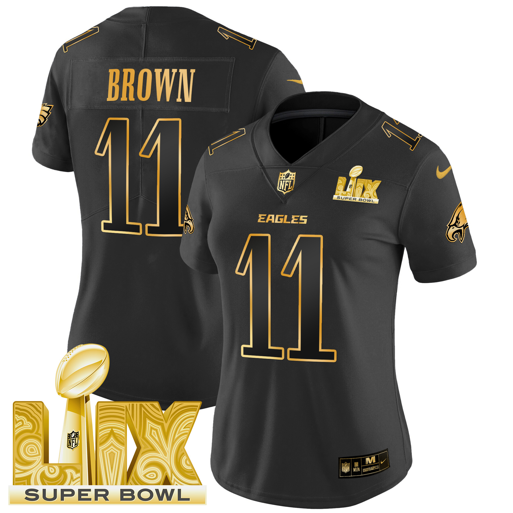 Women's A.J. Brown Philadelphia Eagles Super Bowl LIX Patch Gold Vapor Limited Black Gold Jersey - All Stitched