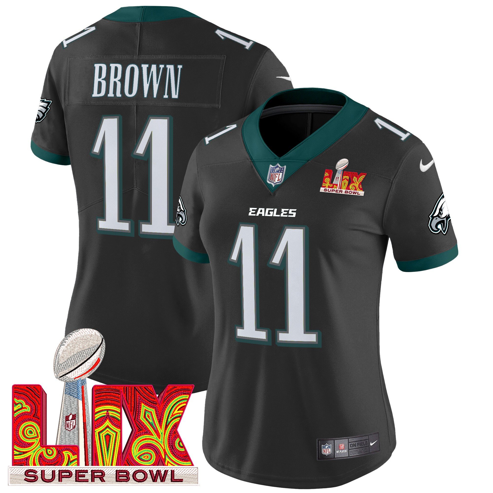Women's A.J. Brown Philadelphia Eagles Super Bowl LIX Patch Vapor Limited Black Jersey - All Stitched
