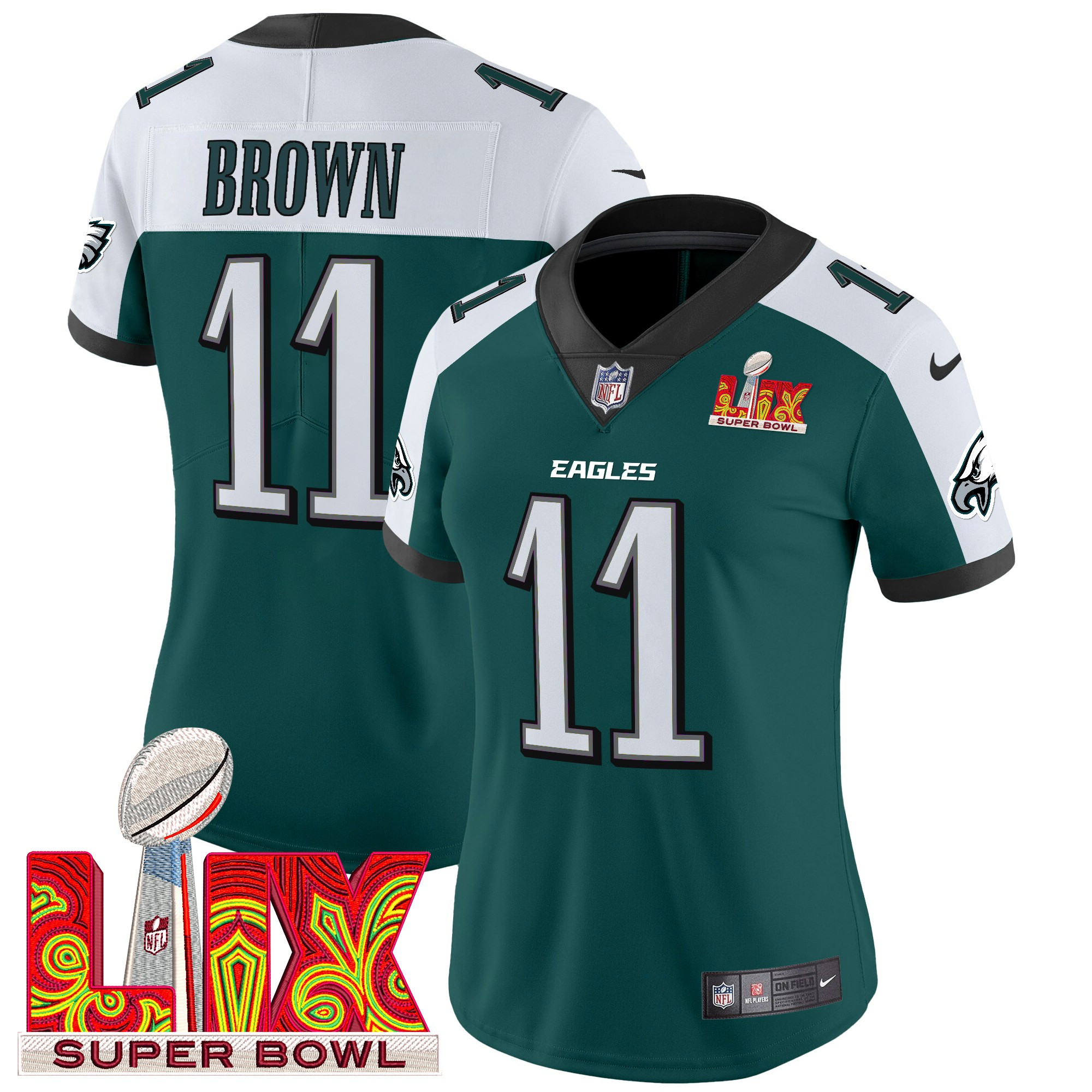 Women's A.J. Brown Philadelphia Eagles Super Bowl LIX Patch Vapor Limited Green Alternate Jersey - All Stitched